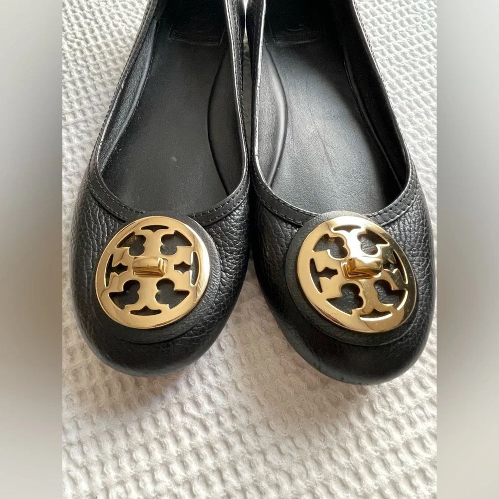 Tory Burch Black Flats with Gold Emblem